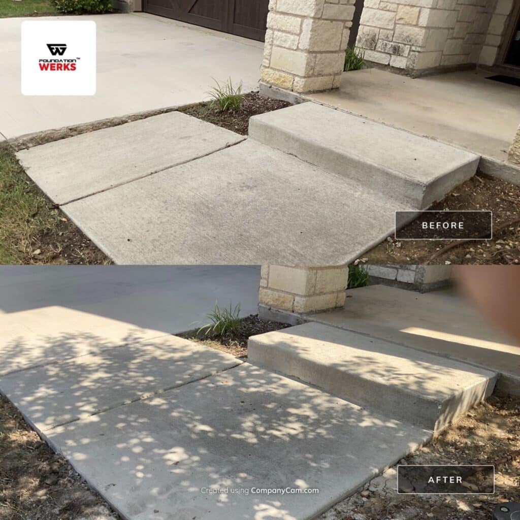 Concrete lifting and leveling by Foundation Werks in McKinney, Texas, utilizing 10-year warranted poly foam for repair.