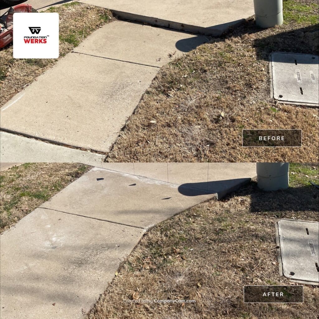 Concrete lifting and leveling by Foundation Werks, showcasing their poly foam technique for repair in McKinney, Texas.